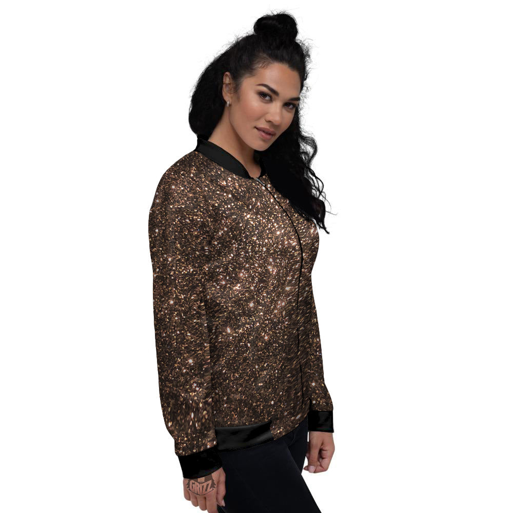 Brown Glitter Print Women's Bomber Jacket-grizzshop