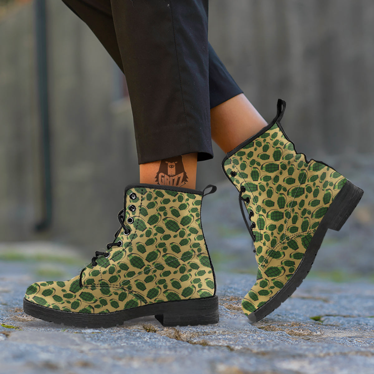 Brown Grenade Print Pattern Leather Boots-grizzshop