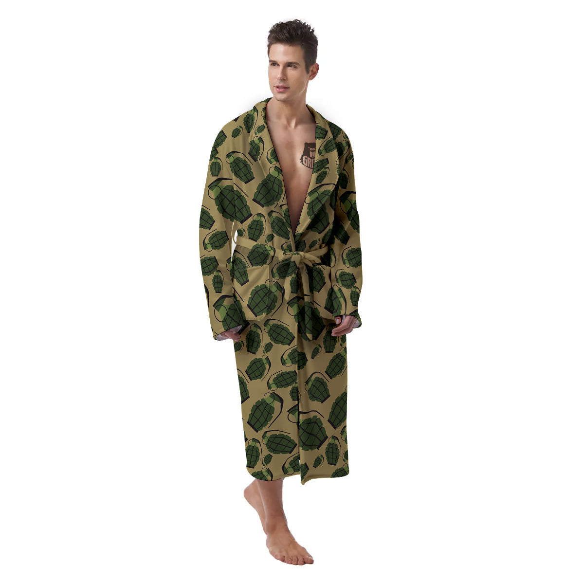 Brown Grenade Print Pattern Men's Robe-grizzshop