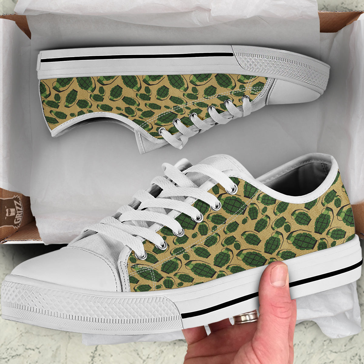 Brown Grenade Print Pattern White Low Top Shoes-grizzshop