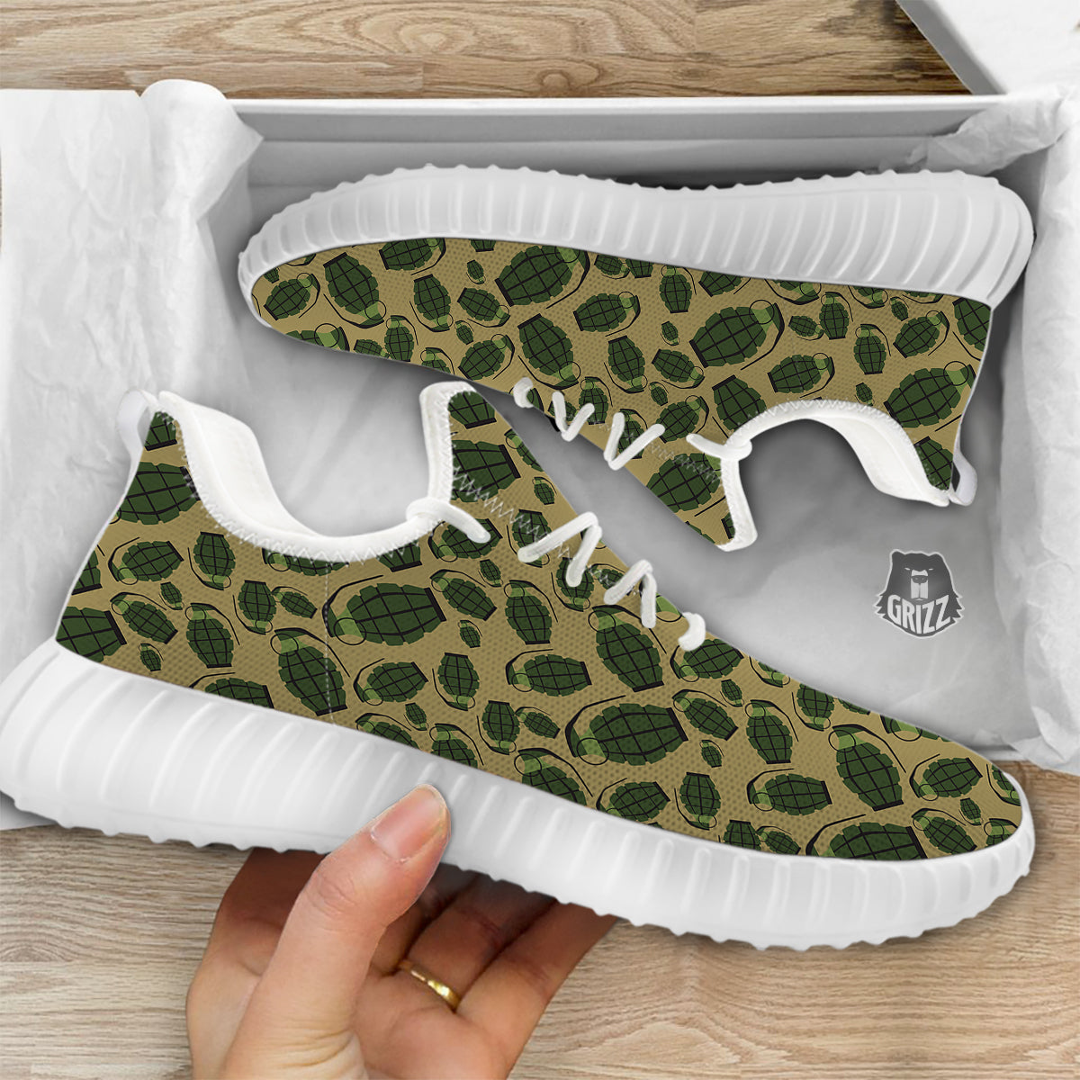 Brown Grenade Print Pattern White Walking Shoes-grizzshop