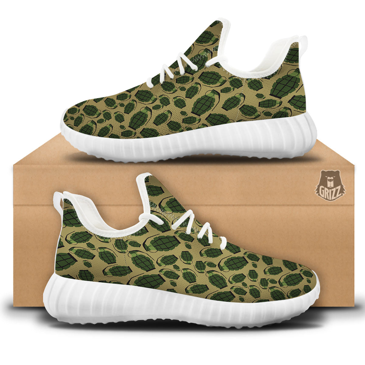 Brown Grenade Print Pattern White Walking Shoes-grizzshop