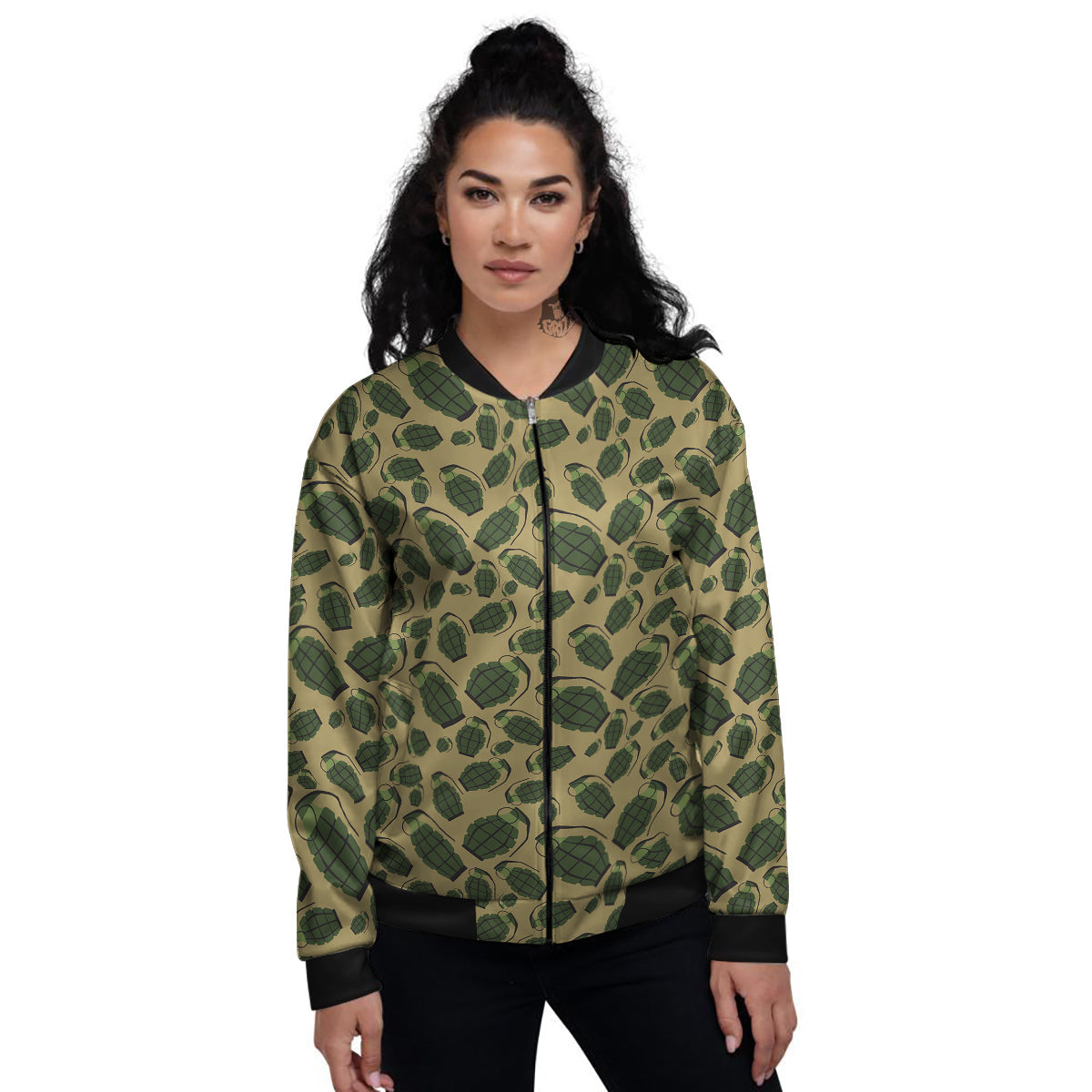 Brown Grenade Print Pattern Women's Bomber Jacket-grizzshop