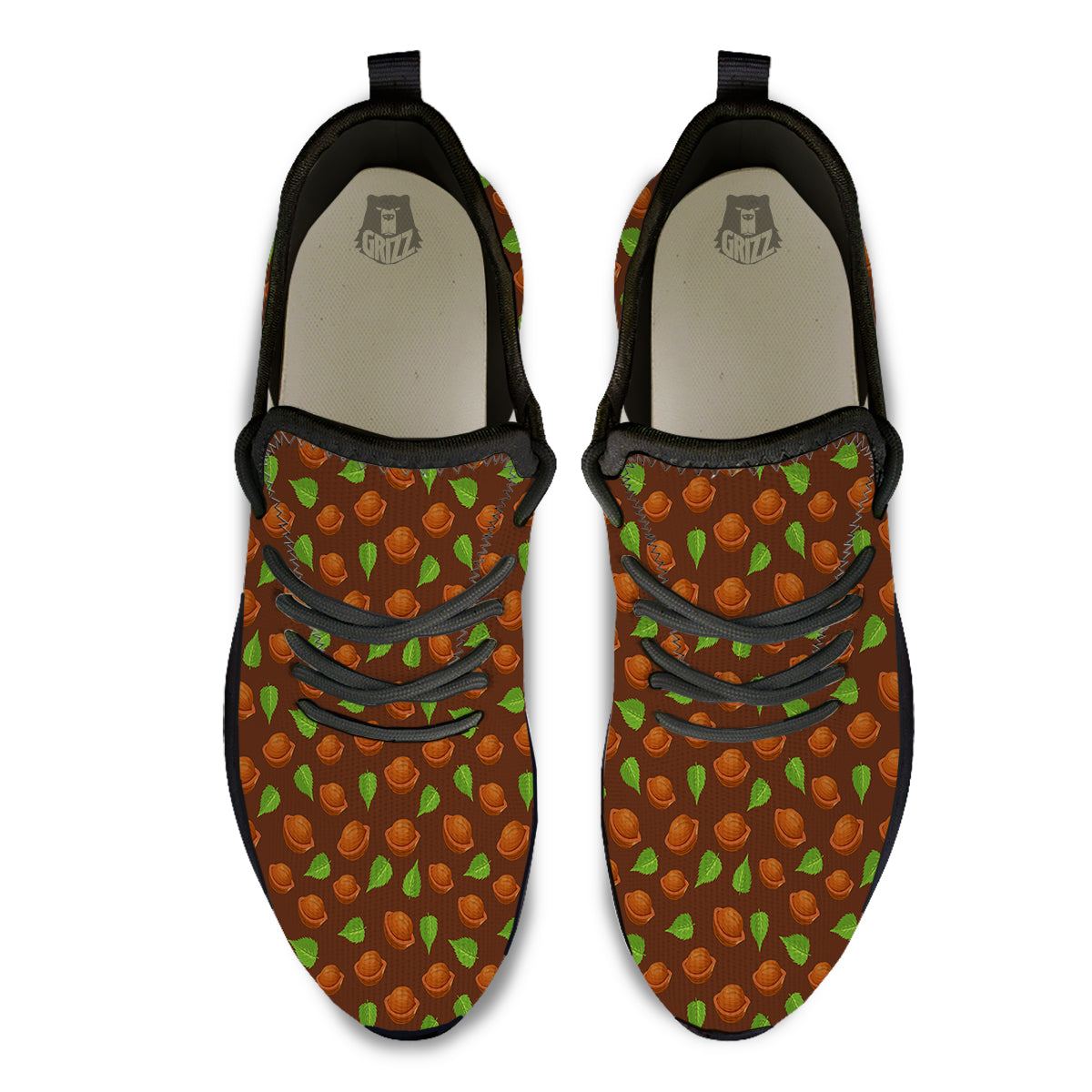 Brown Hazelnuts And Green Leaf Print Pattern Black Athletic Shoes-grizzshop