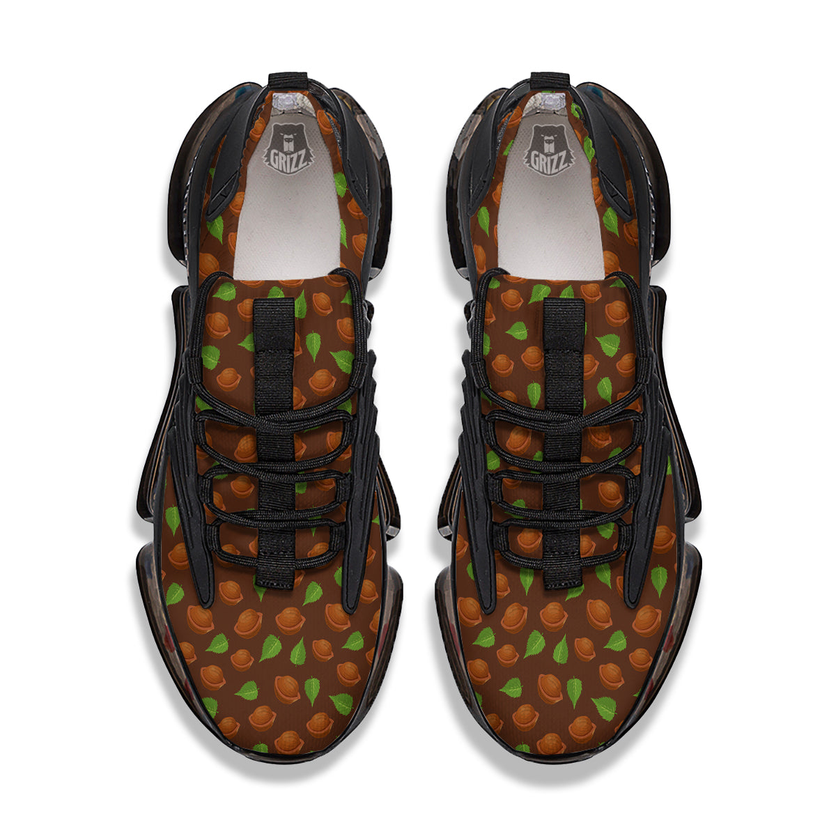 Brown Hazelnuts And Green Leaf Print Pattern Black Gym Shoes-grizzshop