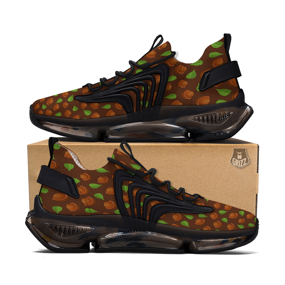 Brown Hazelnuts And Green Leaf Print Pattern Black Gym Shoes-grizzshop