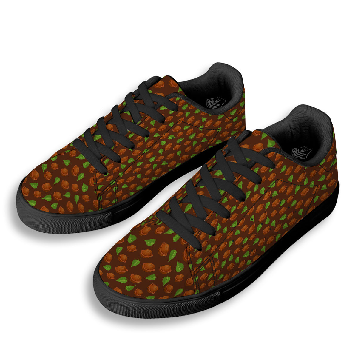 Brown Hazelnuts And Green Leaf Print Pattern Black Low Top Sneakers-grizzshop