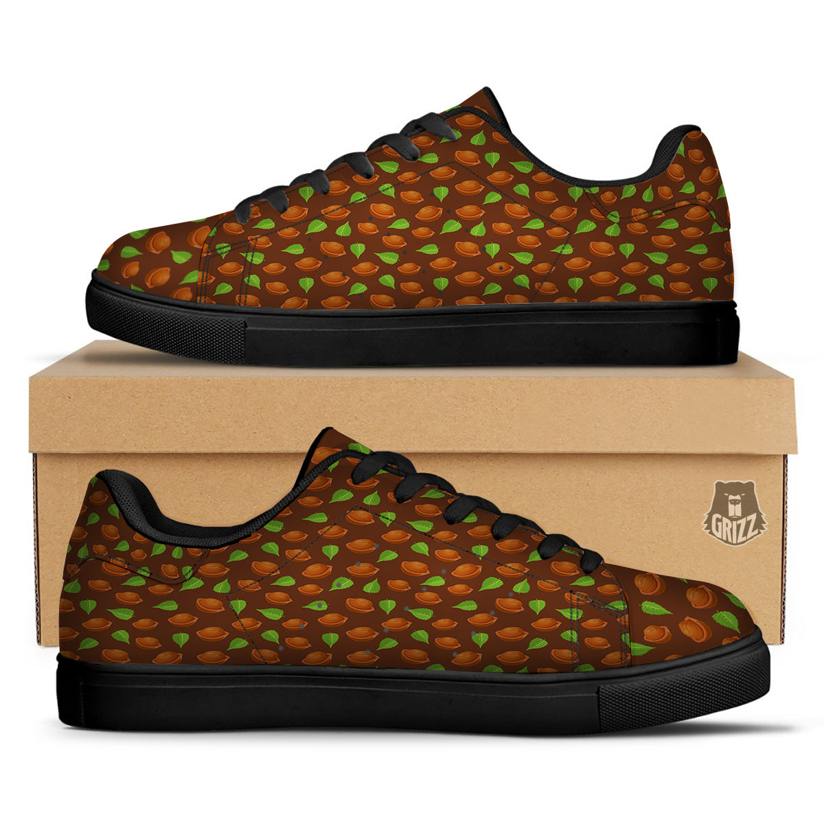 Brown Hazelnuts And Green Leaf Print Pattern Black Low Top Sneakers-grizzshop