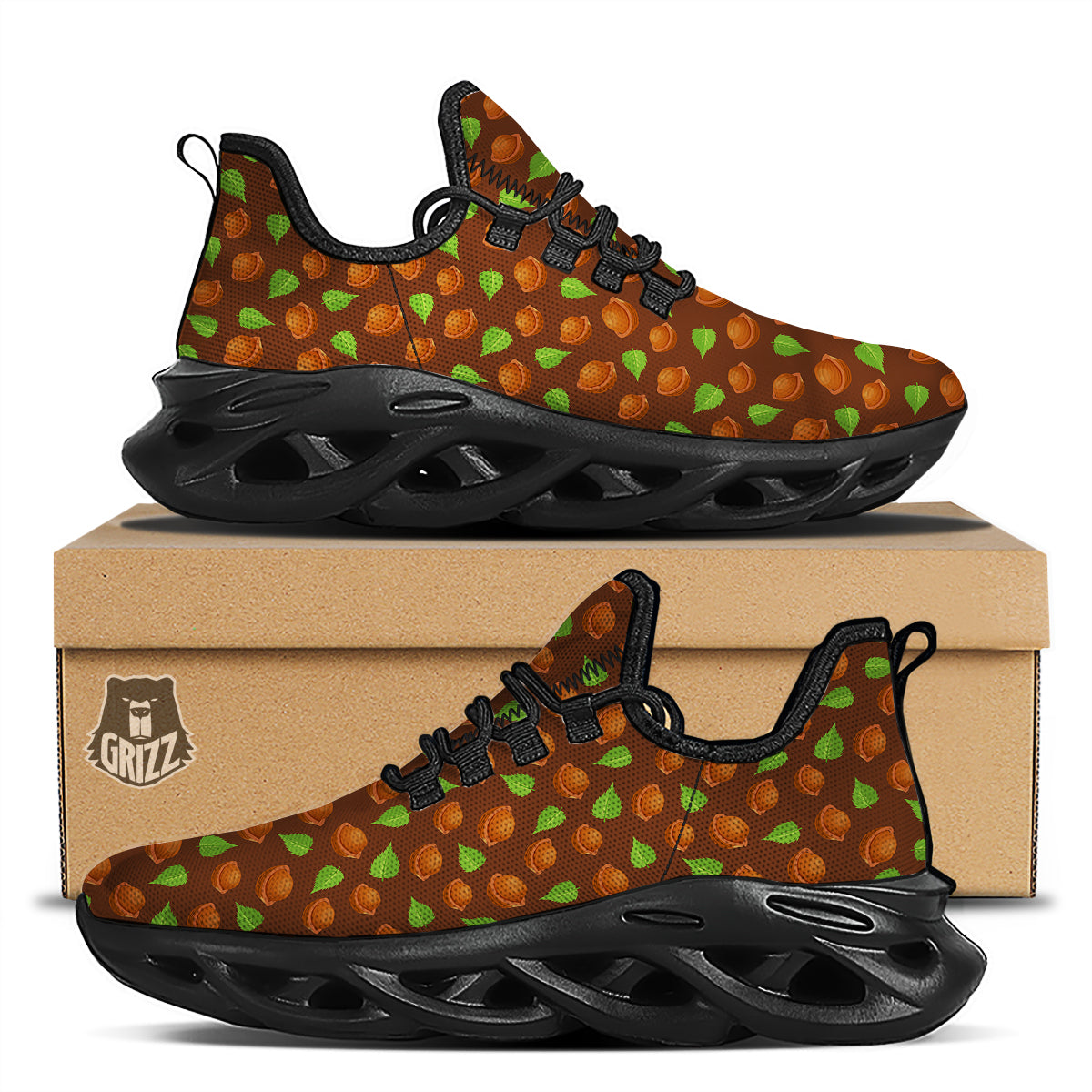 Brown Hazelnuts And Green Leaf Print Pattern Black Running Shoes-grizzshop