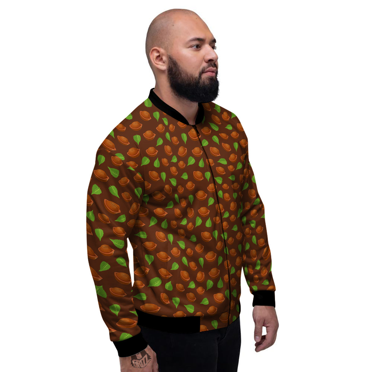 Brown Hazelnuts And Green Leaf Print Pattern Men's Bomber Jacket-grizzshop