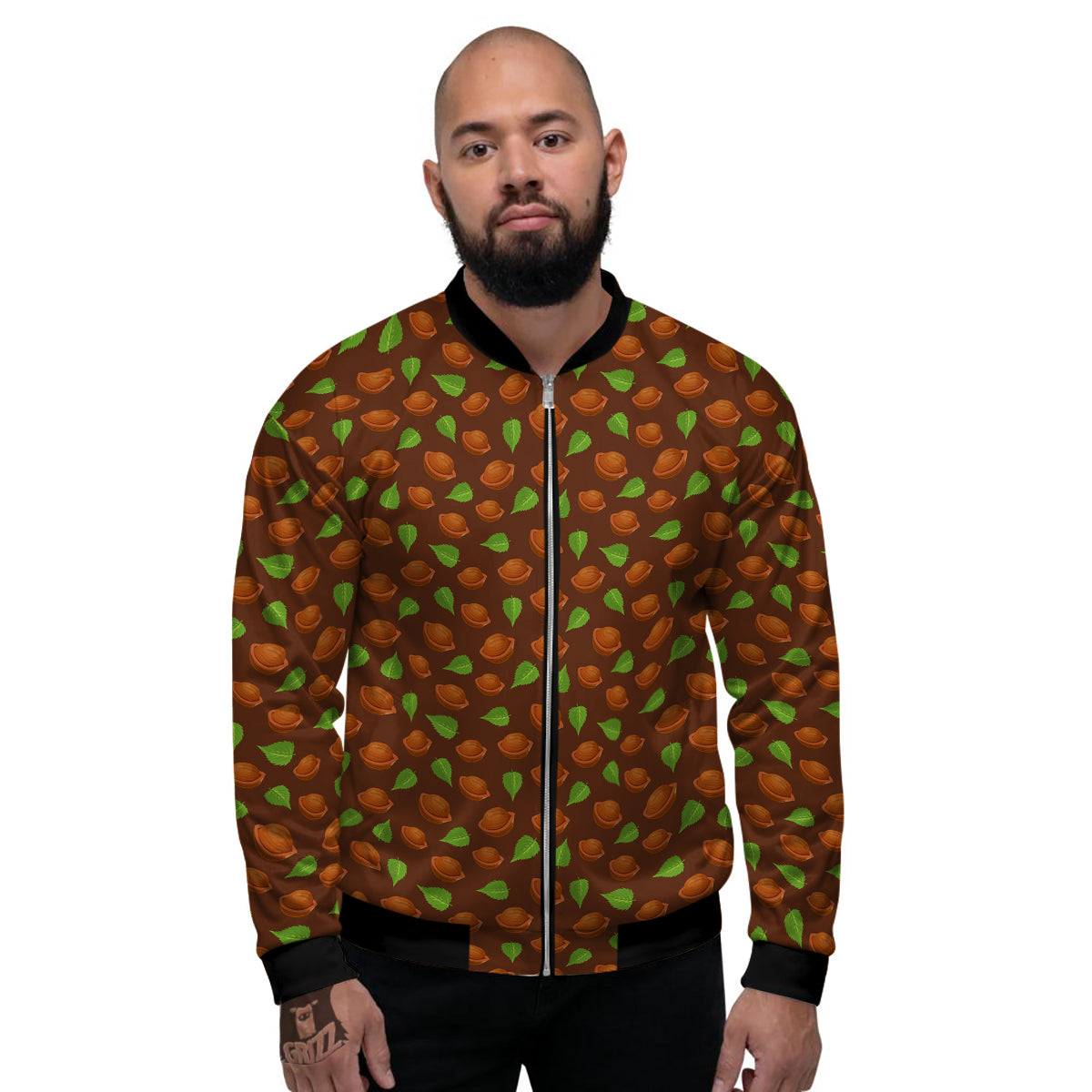 Brown Hazelnuts And Green Leaf Print Pattern Men's Bomber Jacket-grizzshop