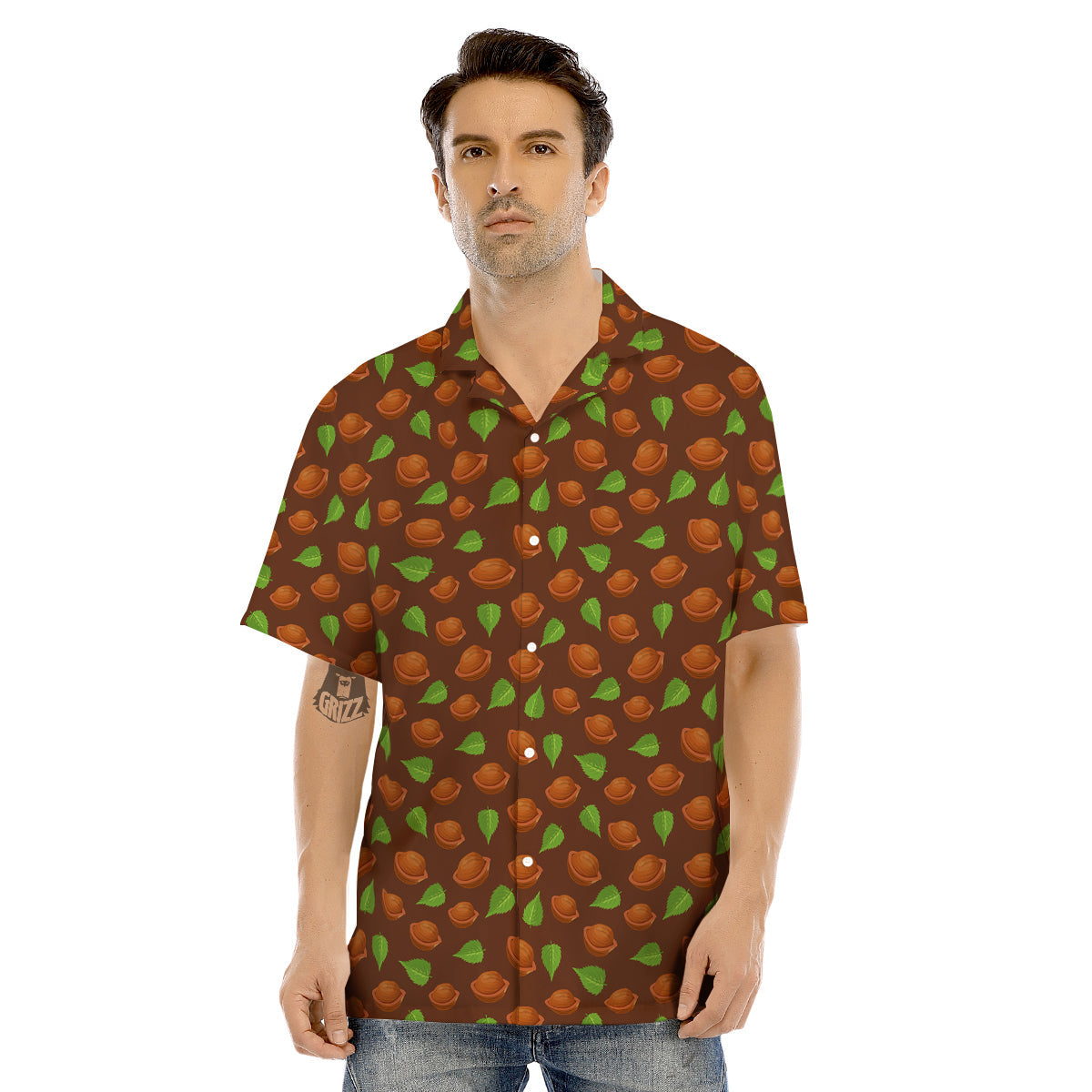 Brown Hazelnuts And Green Leaf Print Pattern Men's Hawaiian Shirt-grizzshop