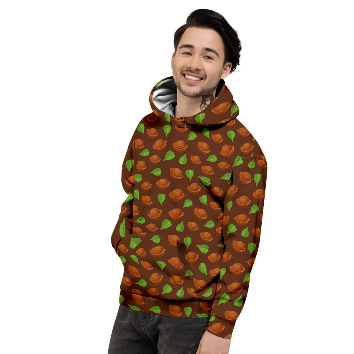 Brown Hazelnuts And Green Leaf Print Pattern Men's Hoodie-grizzshop