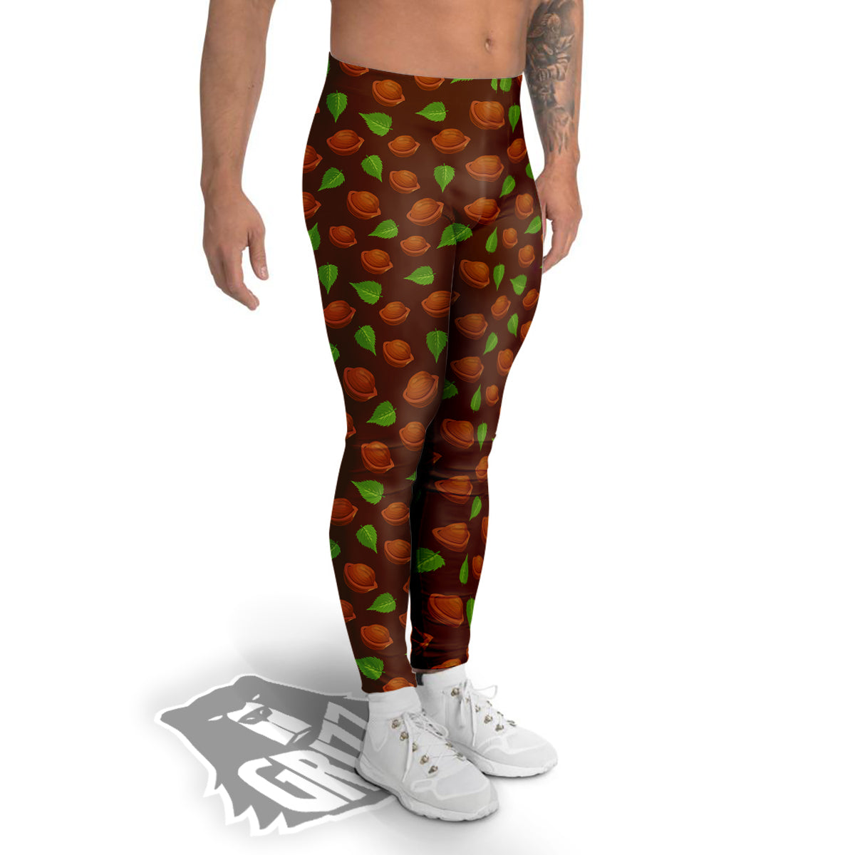 Brown Hazelnuts And Green Leaf Print Pattern Men's Leggings-grizzshop