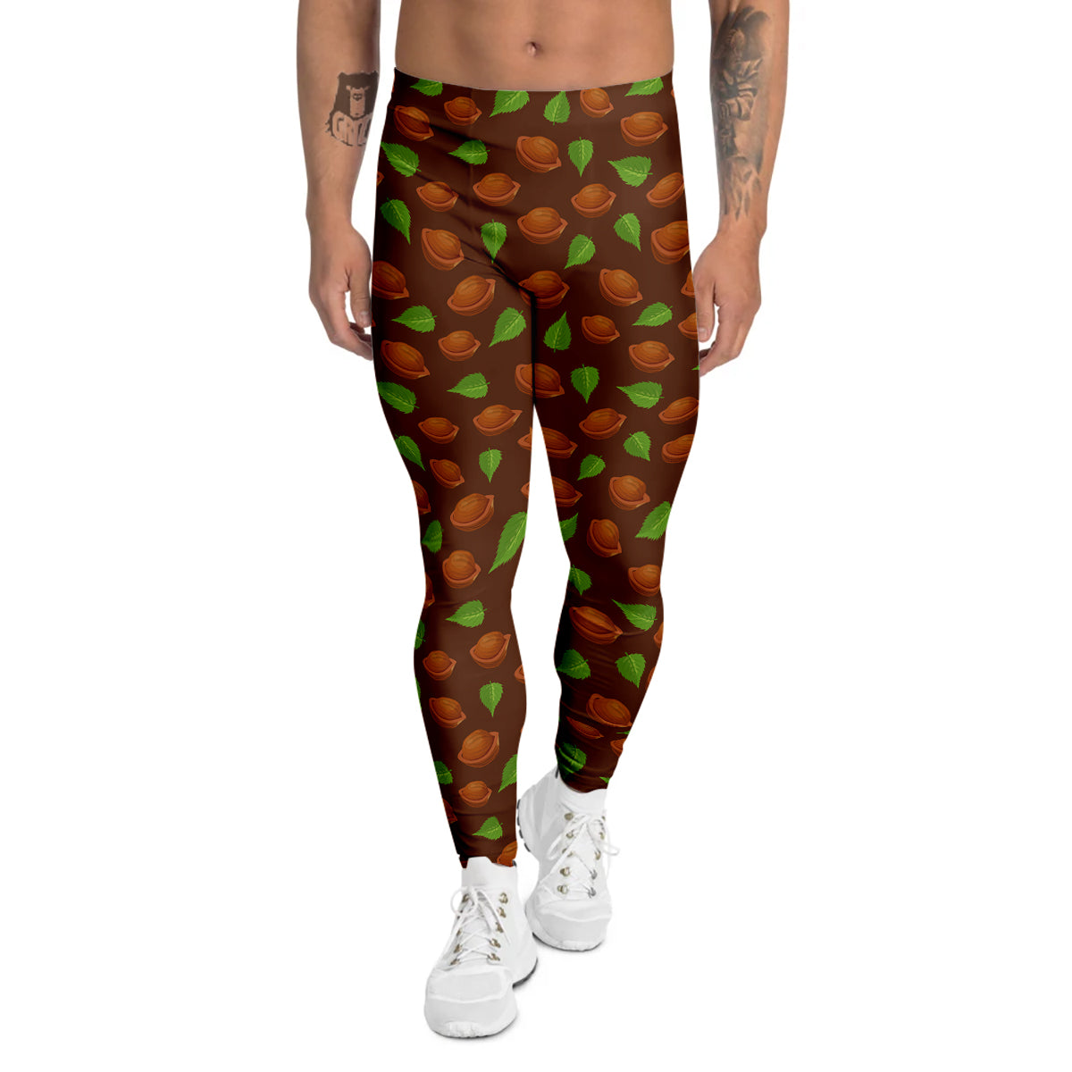 Brown Hazelnuts And Green Leaf Print Pattern Men's Leggings-grizzshop