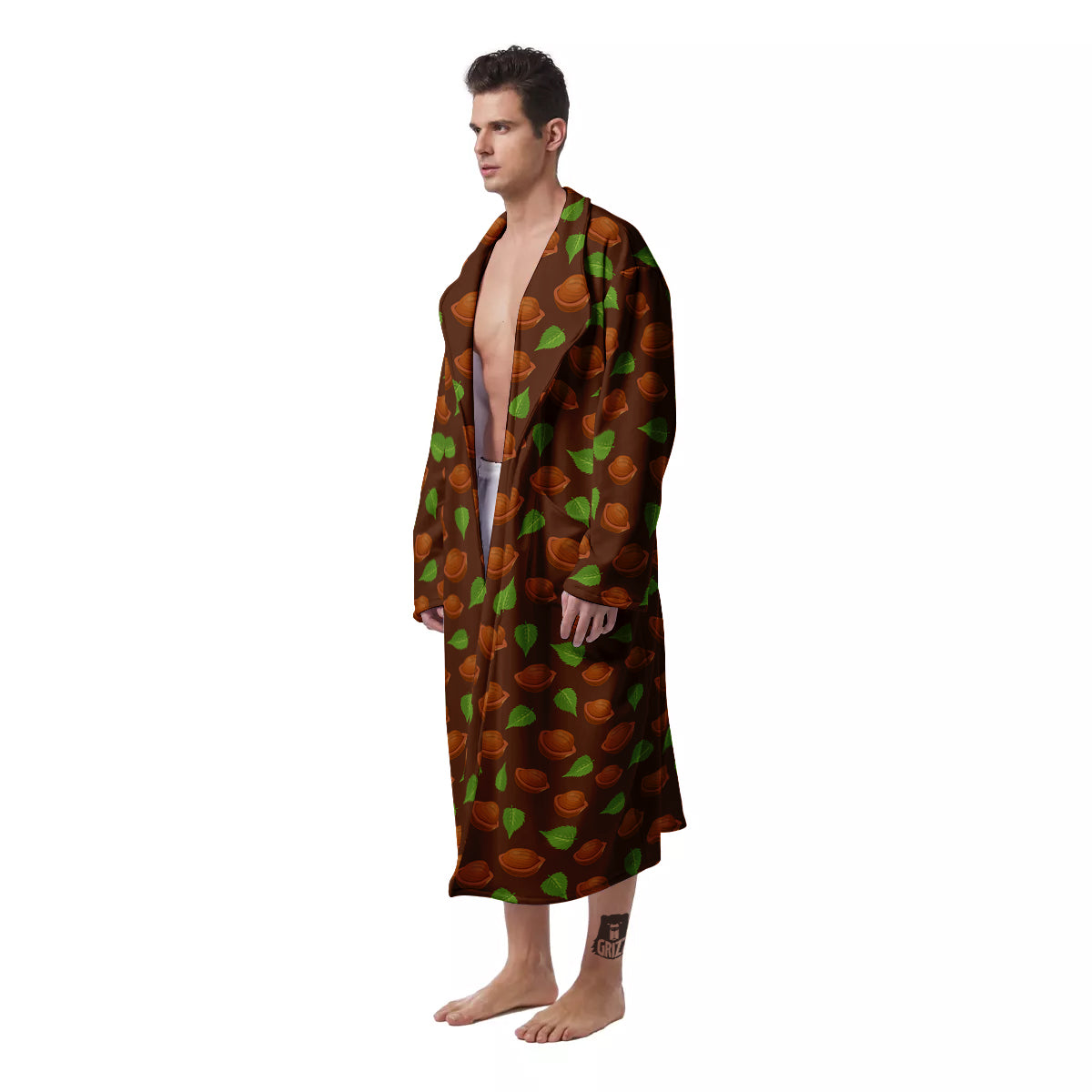 Brown Hazelnuts And Green Leaf Print Pattern Men's Robe-grizzshop