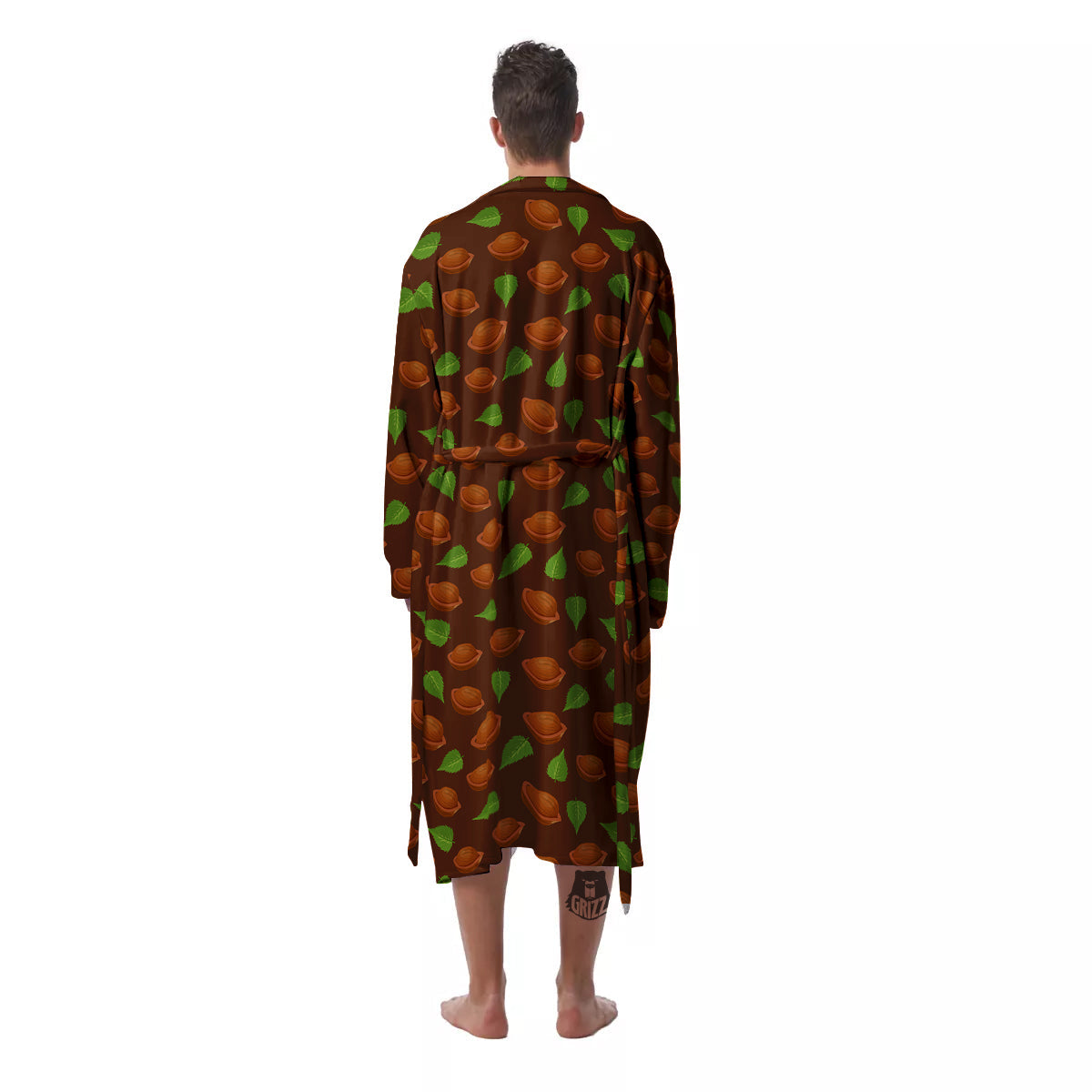 Brown Hazelnuts And Green Leaf Print Pattern Men's Robe-grizzshop