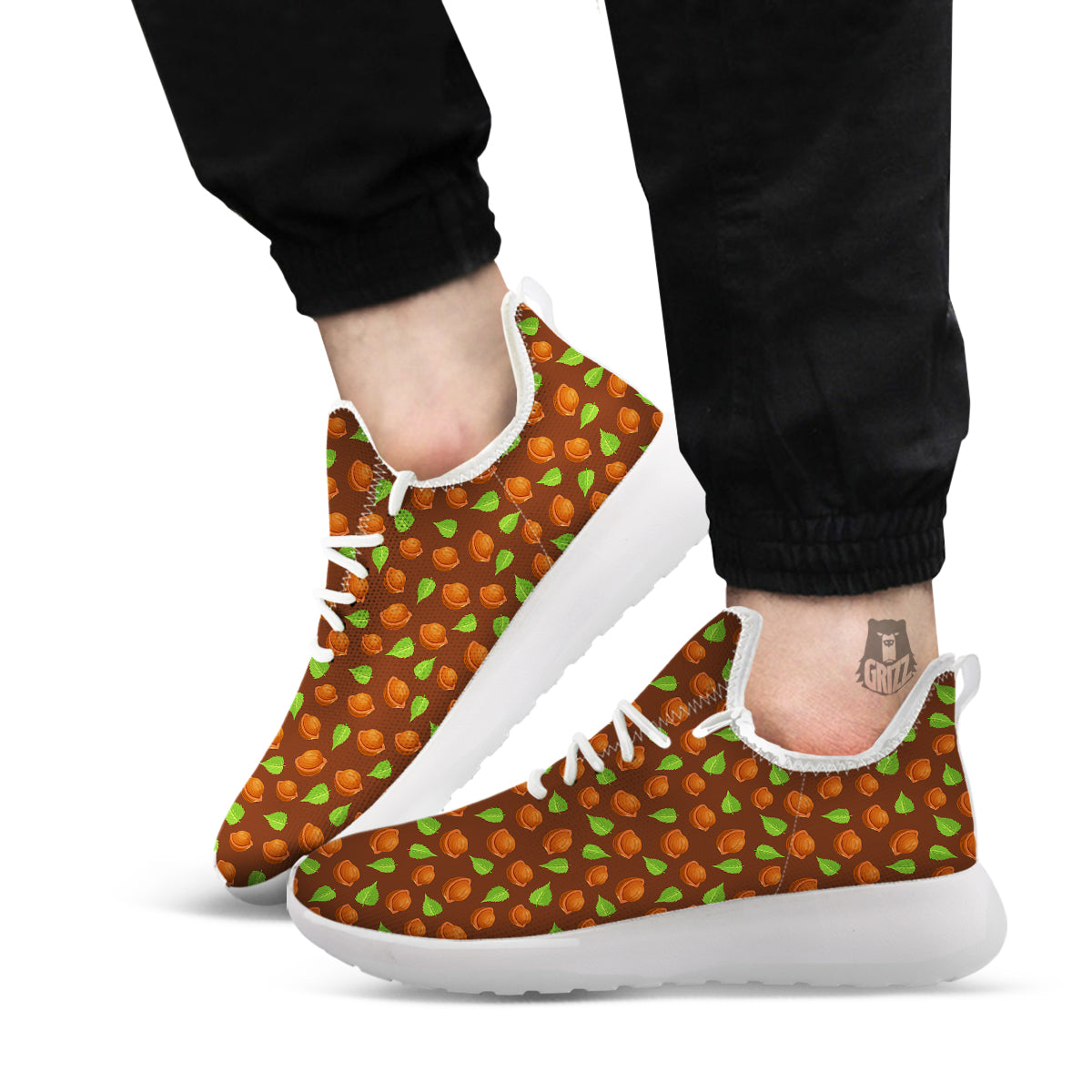 Brown Hazelnuts And Green Leaf Print Pattern White Athletic Shoes-grizzshop