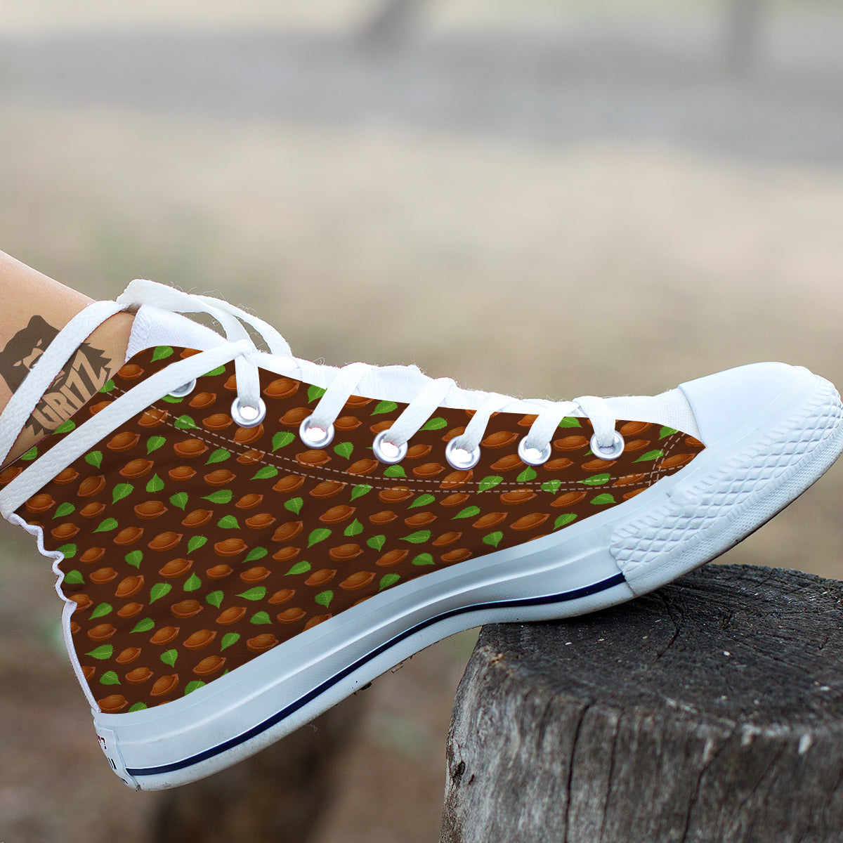 Brown Hazelnuts And Green Leaf Print Pattern White High Top Shoes-grizzshop