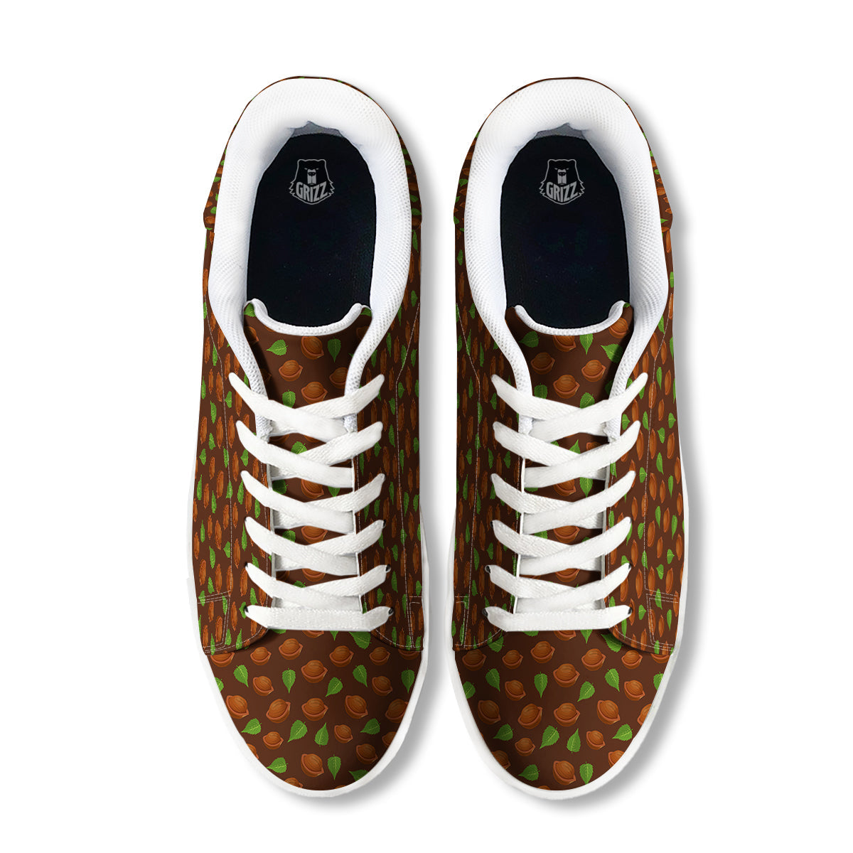 Brown Hazelnuts And Green Leaf Print Pattern White Low Top Sneakers-grizzshop