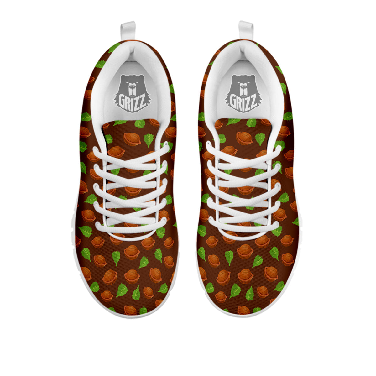 Brown Hazelnuts And Green Leaf Print Pattern White Sneaker-grizzshop