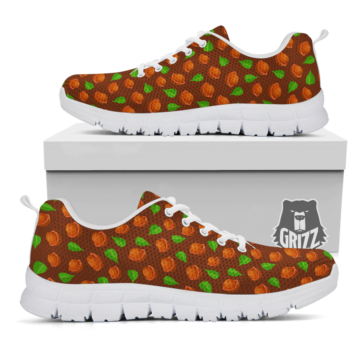 Brown Hazelnuts And Green Leaf Print Pattern White Sneaker-grizzshop