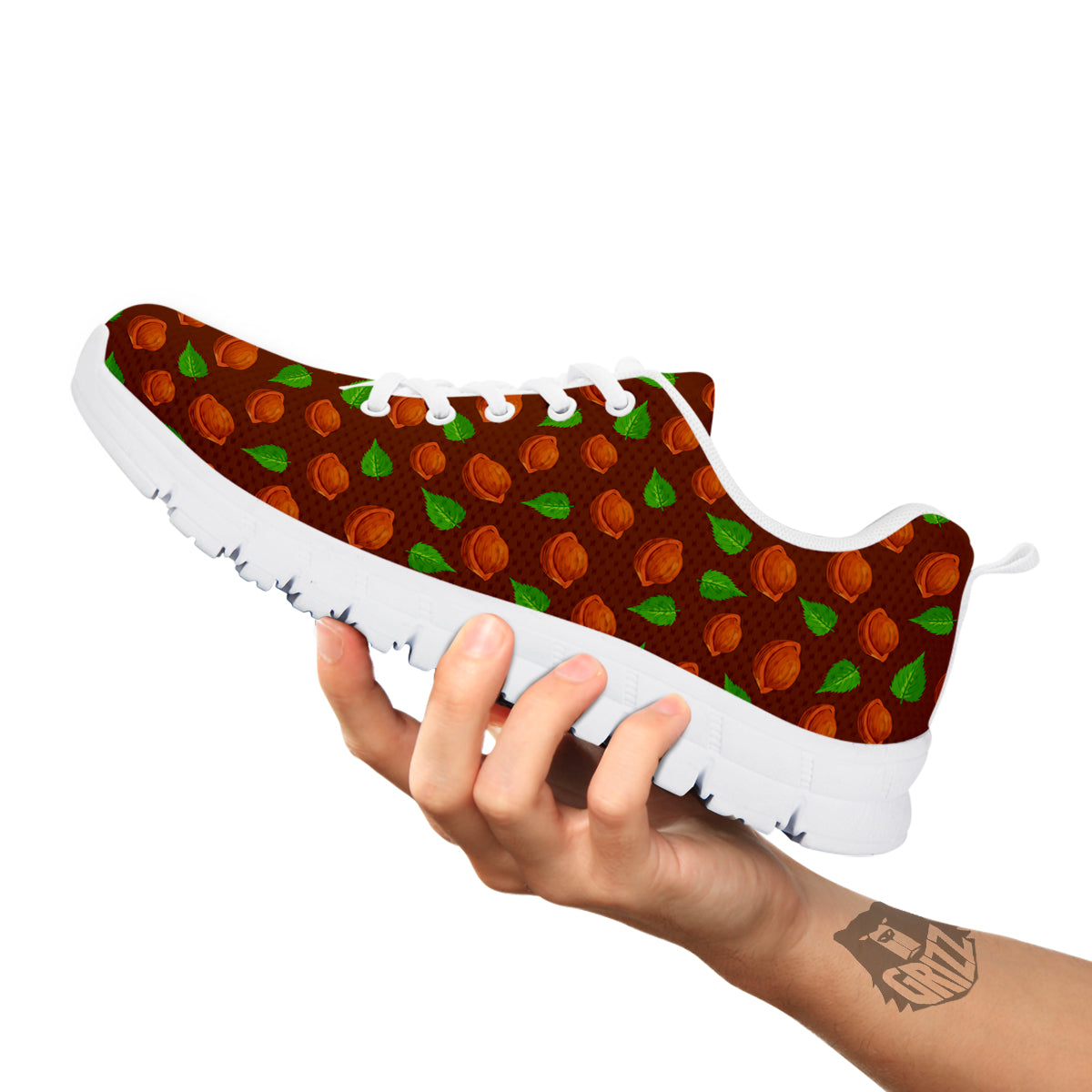 Brown Hazelnuts And Green Leaf Print Pattern White Sneaker-grizzshop