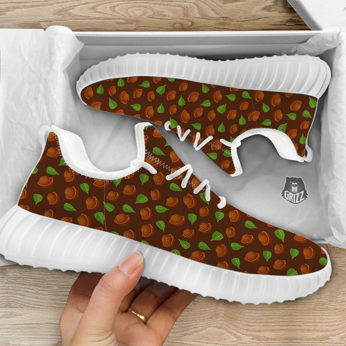 Brown Hazelnuts And Green Leaf Print Pattern White Walking Shoes-grizzshop
