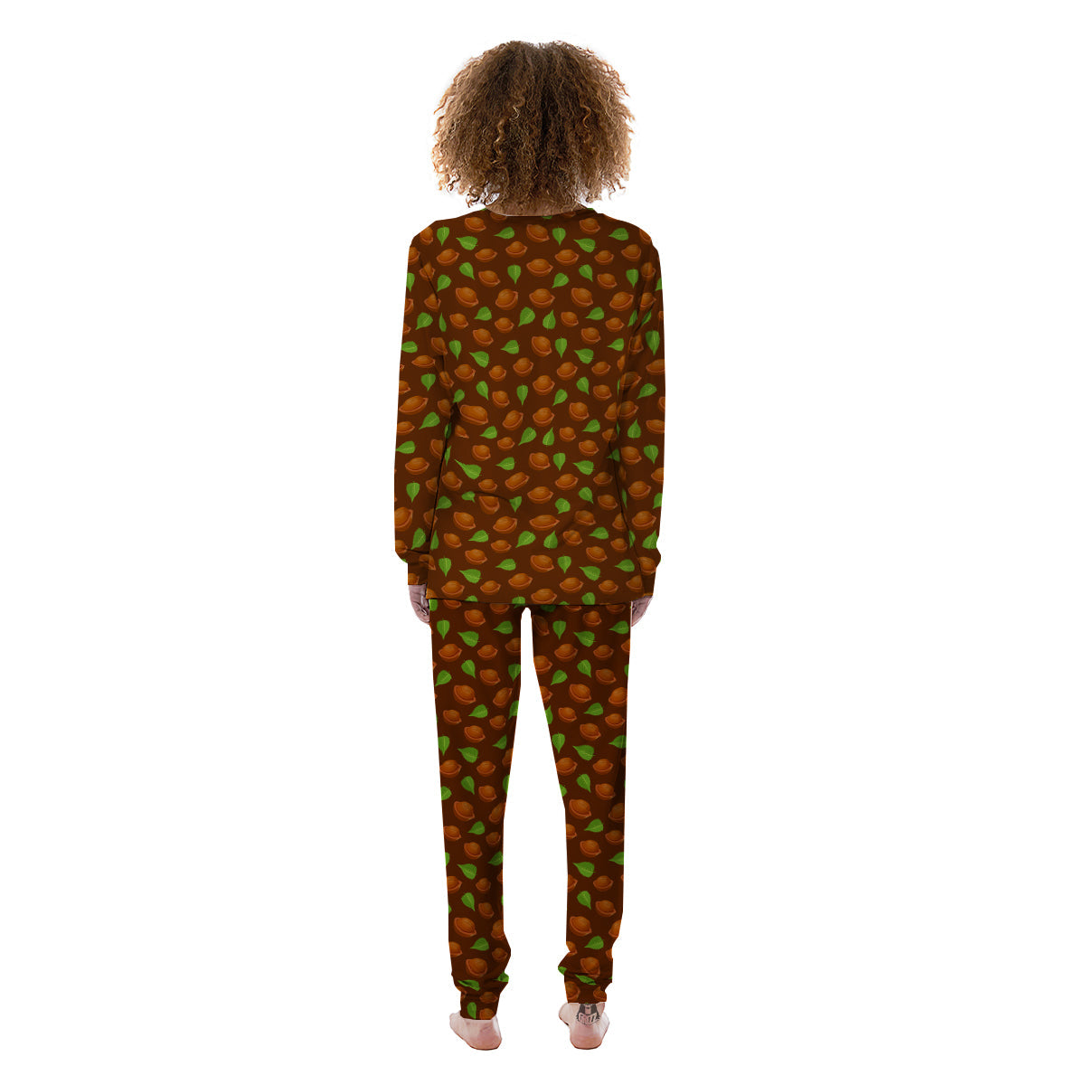 Brown Hazelnuts And Green Leaf Print Pattern Women's Pajamas-grizzshop