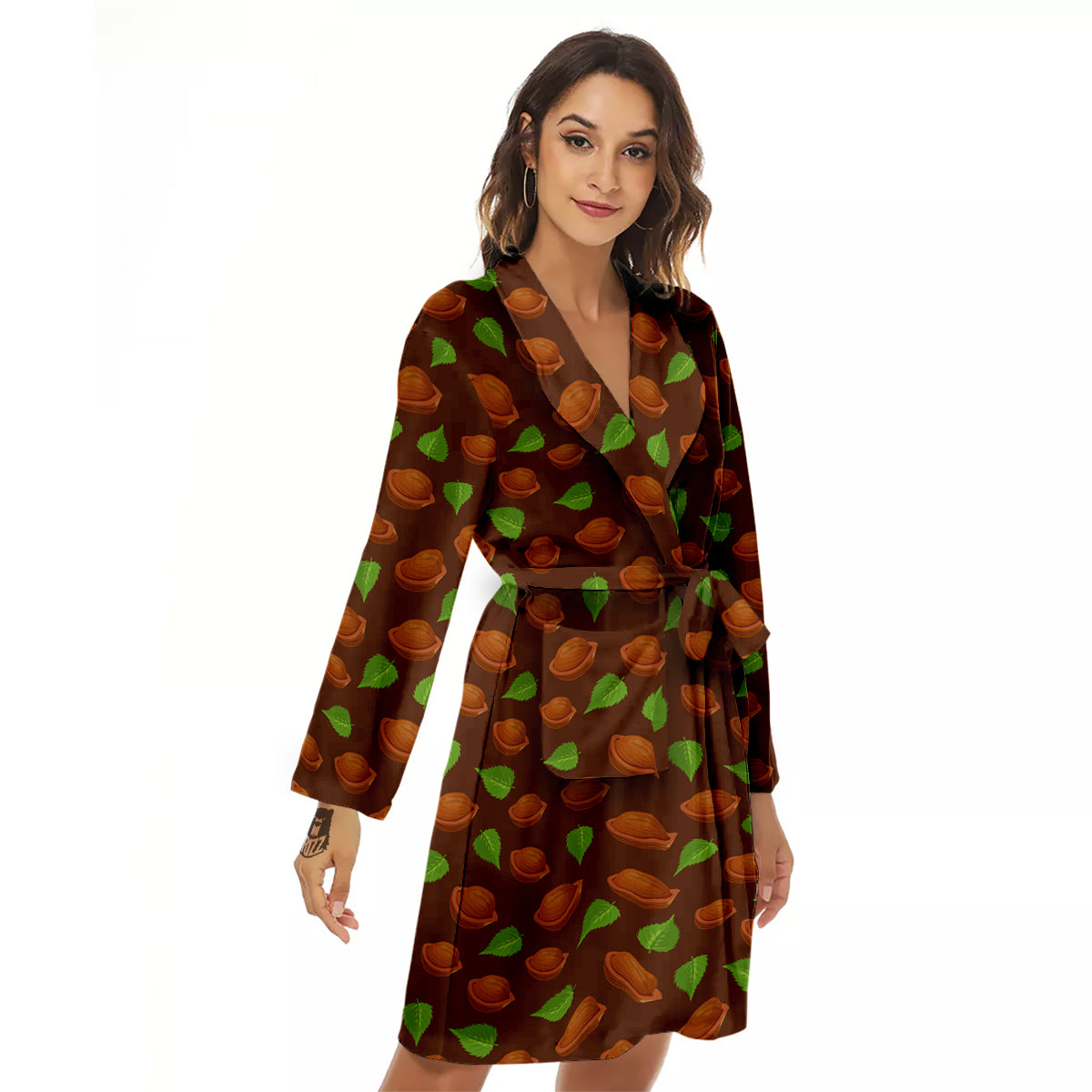 Brown Hazelnuts And Green Leaf Print Pattern Women's Robe-grizzshop
