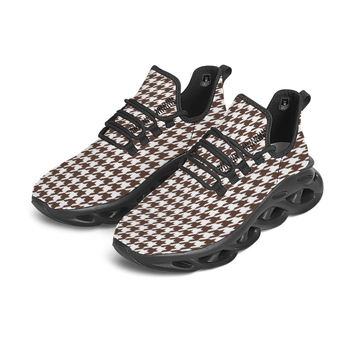 Brown Houndstooth Print Black Running Shoes-grizzshop