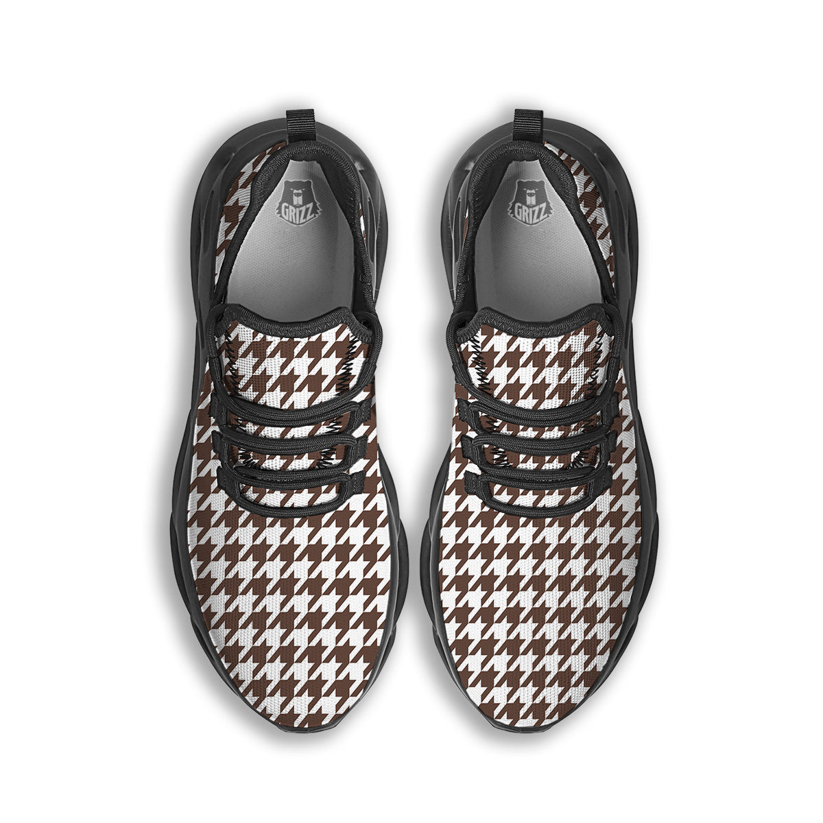 Brown Houndstooth Print Black Running Shoes-grizzshop