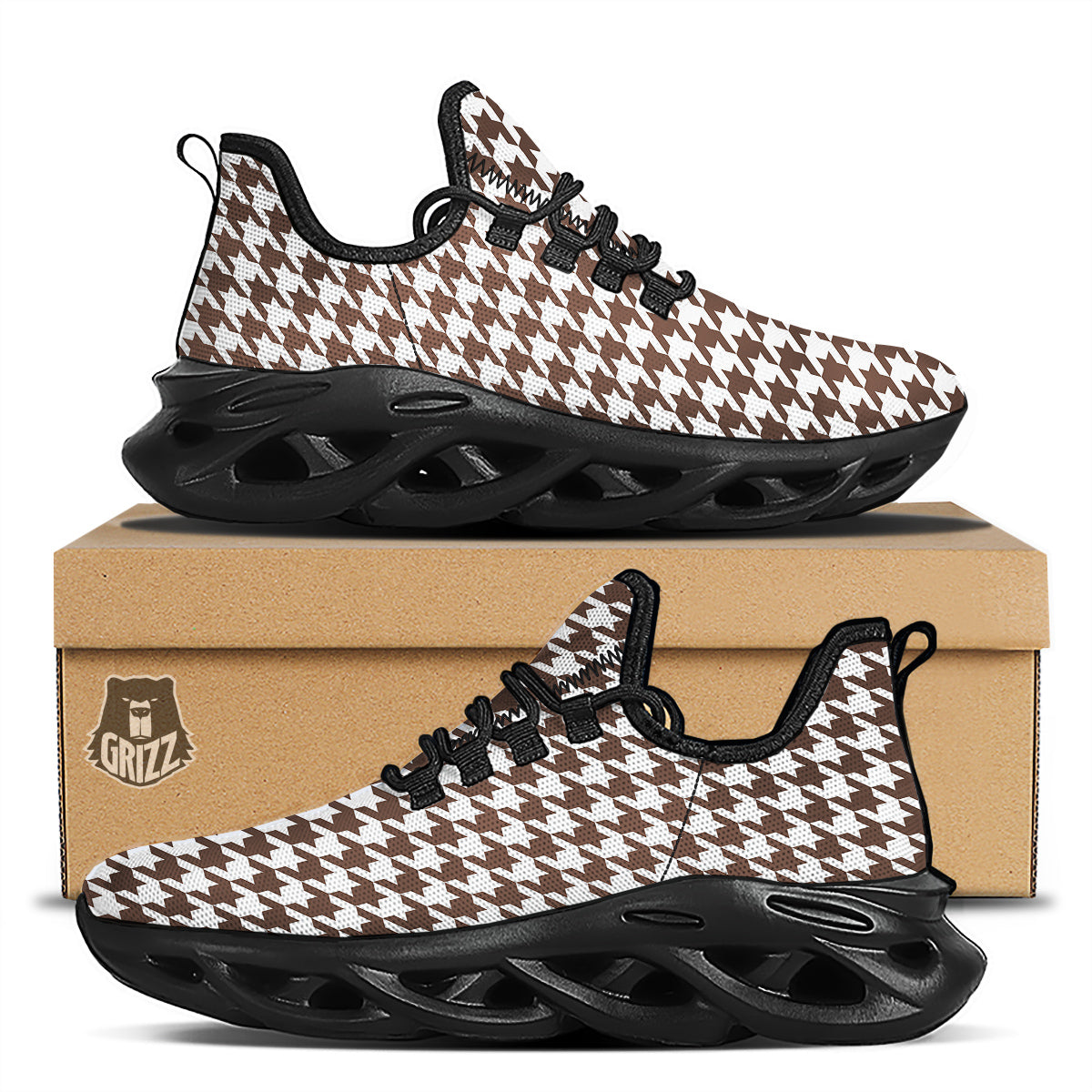 Brown Houndstooth Print Black Running Shoes-grizzshop