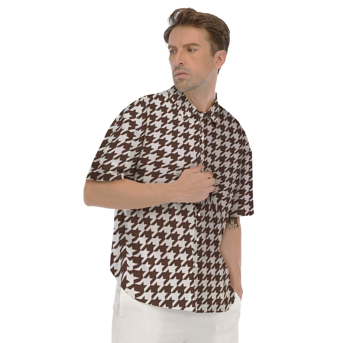 Brown Houndstooth Print Men's Short Sleeve Shirts-grizzshop