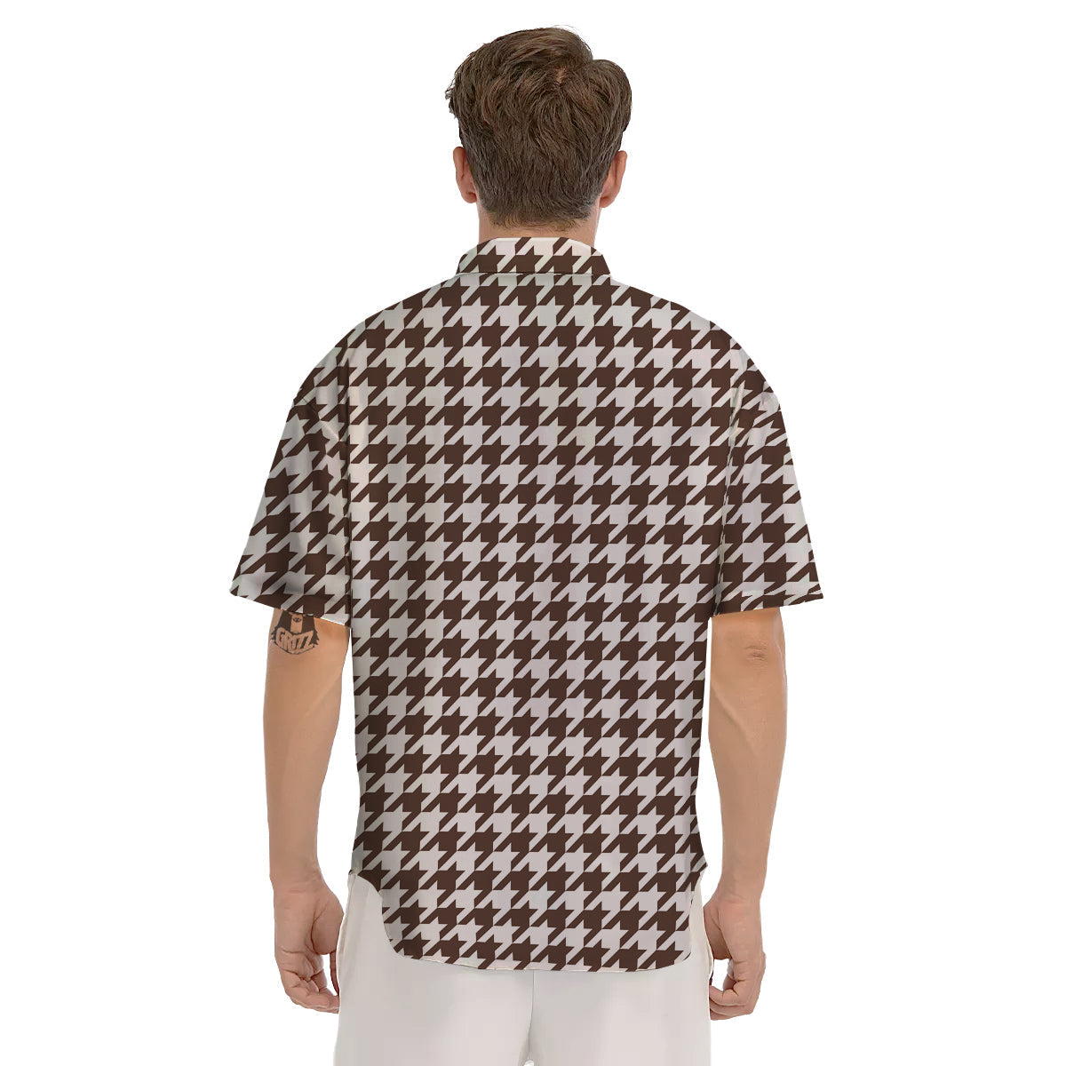 Brown Houndstooth Print Men's Short Sleeve Shirts-grizzshop