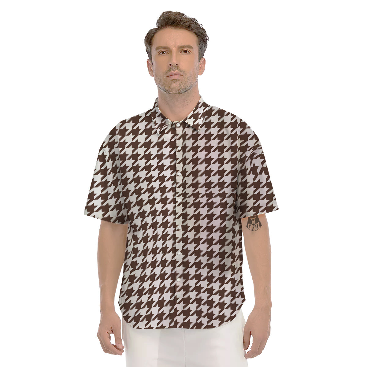 Brown Houndstooth Print Men's Short Sleeve Shirts-grizzshop