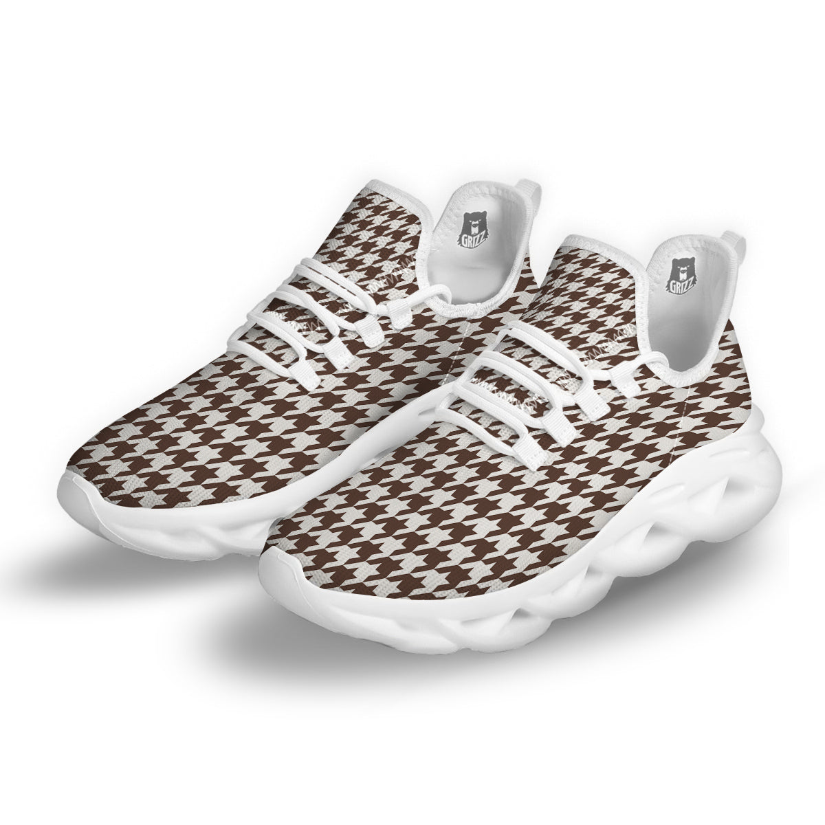 Brown Houndstooth Print White Running Shoes-grizzshop