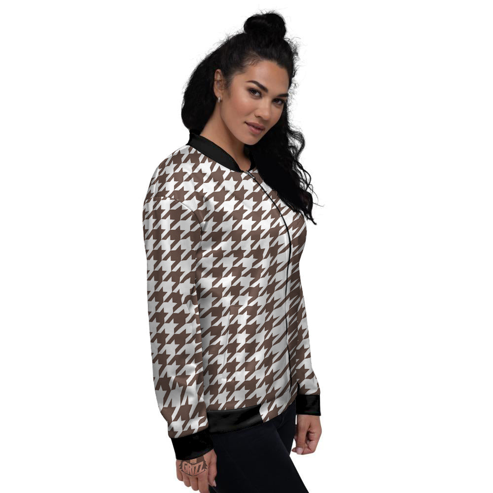 Brown Houndstooth Print Women's Bomber Jacket-grizzshop