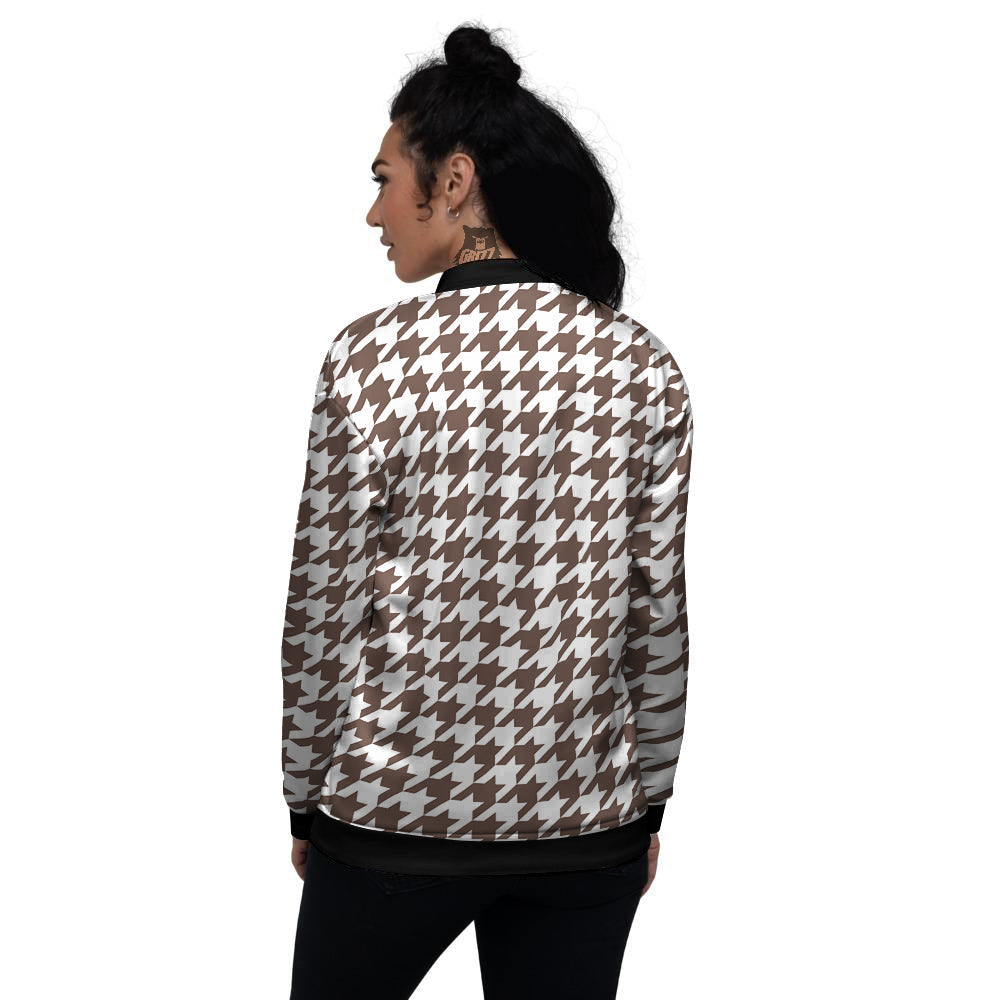Brown Houndstooth Print Women's Bomber Jacket-grizzshop