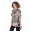 Brown Houndstooth Print Women's Short Sleeve Shirts-grizzshop