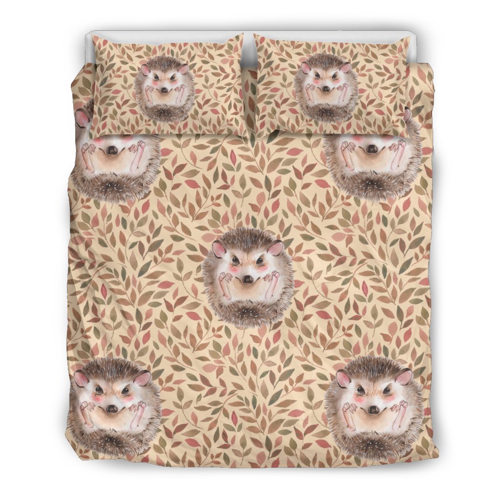 Brown Leaf Hedgehogs Pattern Print Duvet Cover Bedding Set-grizzshop