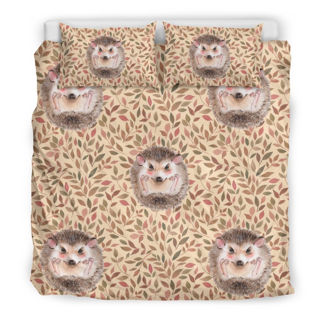 Brown Leaf Hedgehogs Pattern Print Duvet Cover Bedding Set-grizzshop