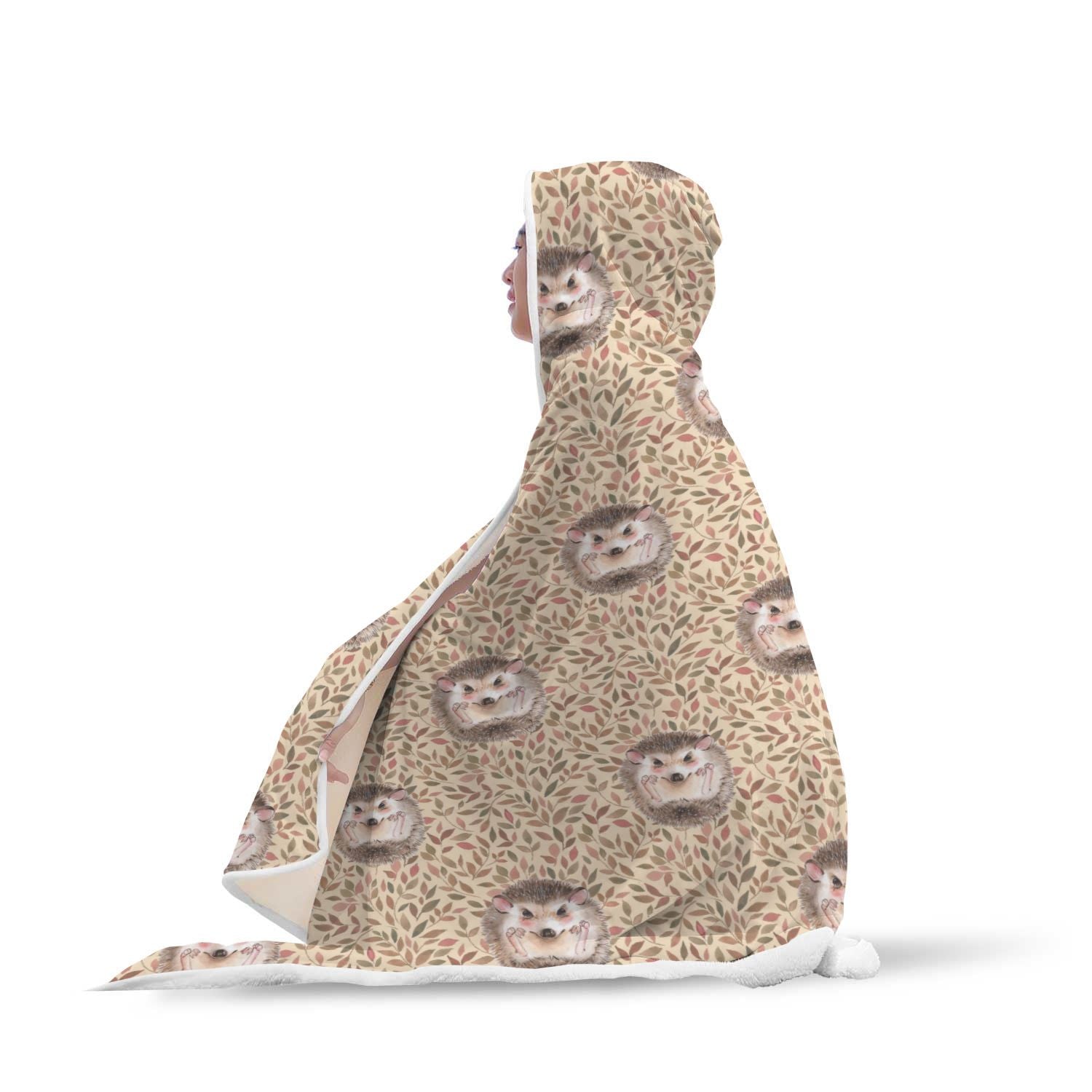 Brown Leaf Hedgehogs Pattern Print Hooded Blanket-grizzshop