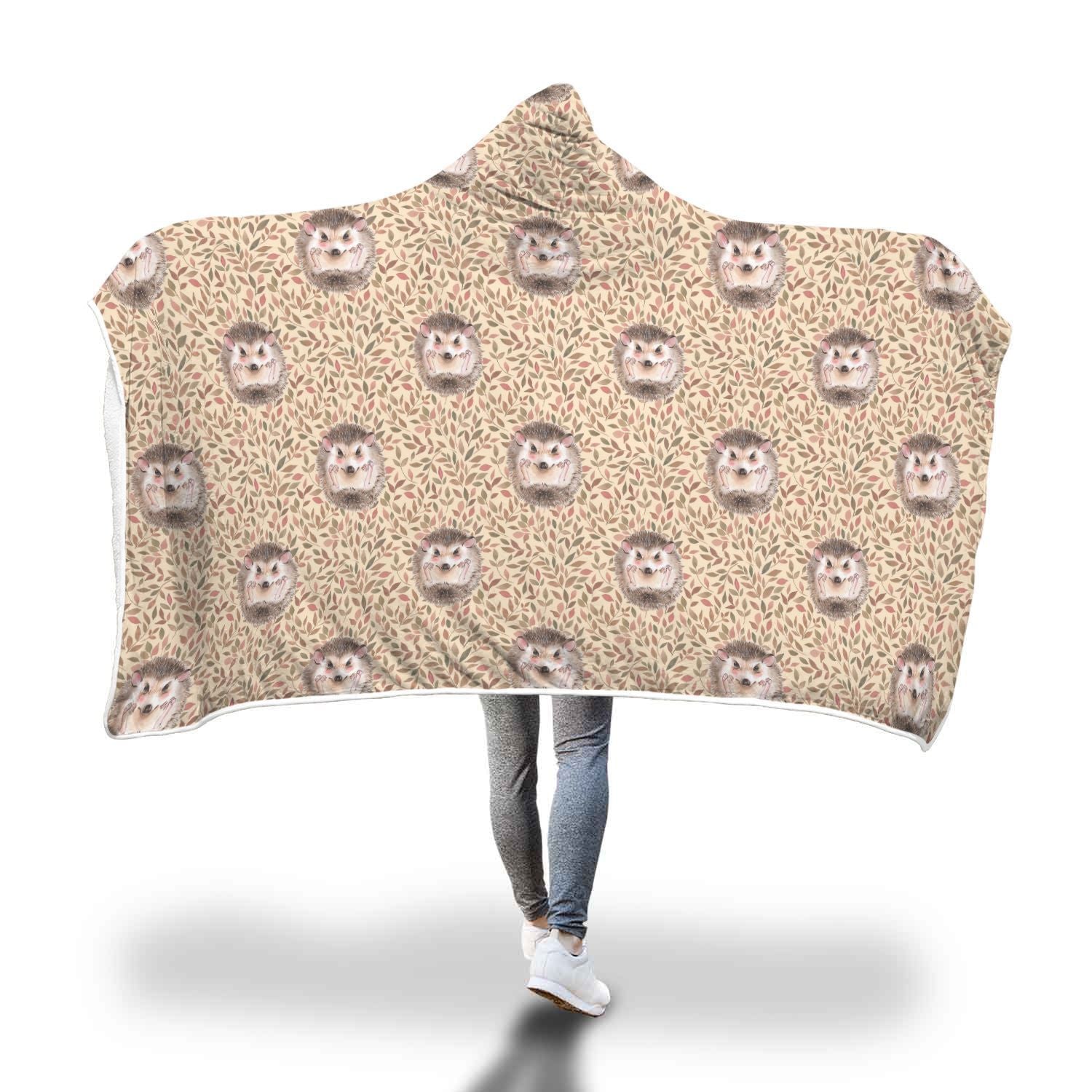 Brown Leaf Hedgehogs Pattern Print Hooded Blanket-grizzshop