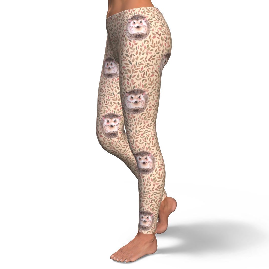 Brown Leaf Hedgehogs Pattern Print Pattern Women Leggings-grizzshop