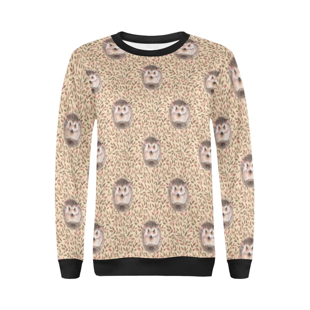 Brown Leaf Hedgehogs Pattern Print Women Crewneck Sweatshirt-grizzshop