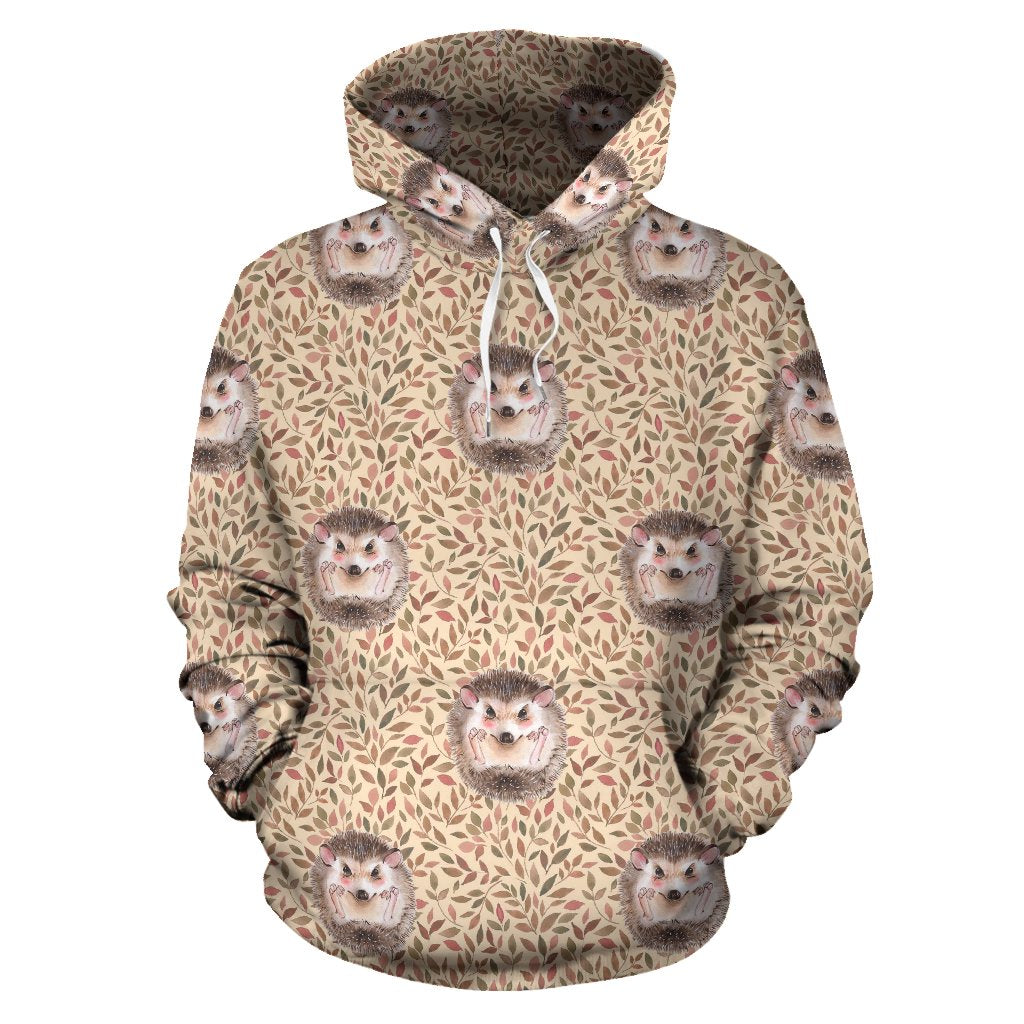 Brown Leaf Hedgehogs Pattern Print Women Men Pullover Hoodie-grizzshop