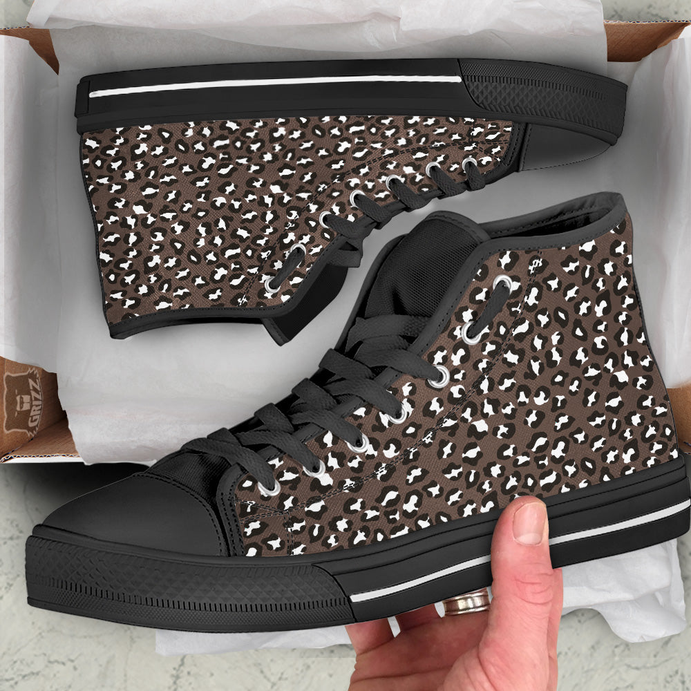 Brown Leopard Print Pattern Black High Top Shoes-grizzshop