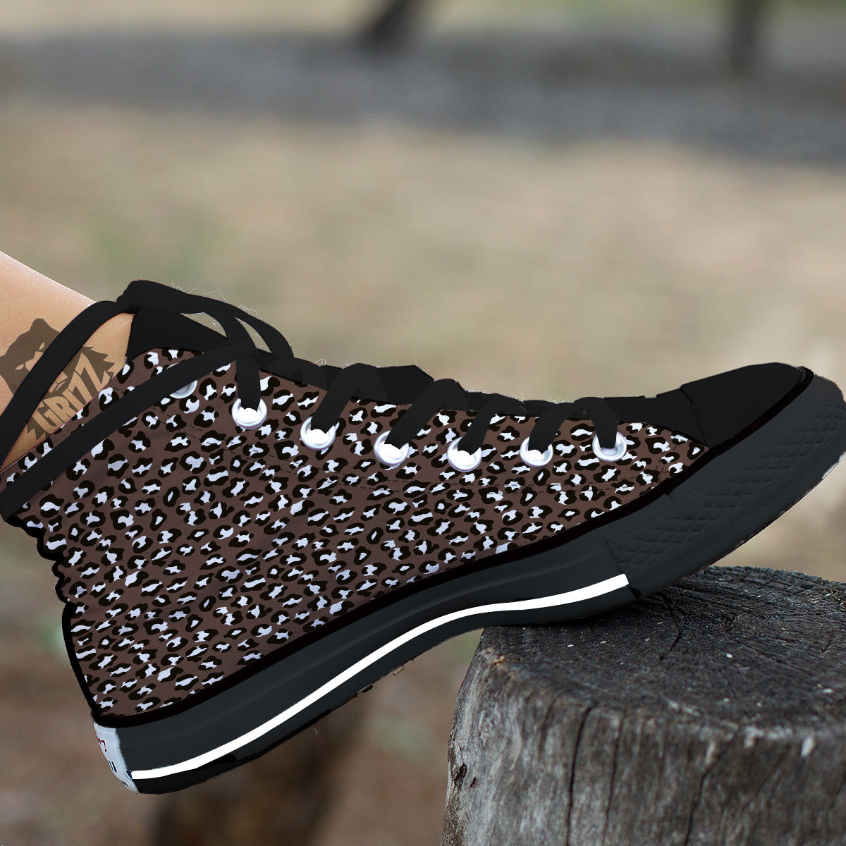 Brown Leopard Print Pattern Black High Top Shoes-grizzshop