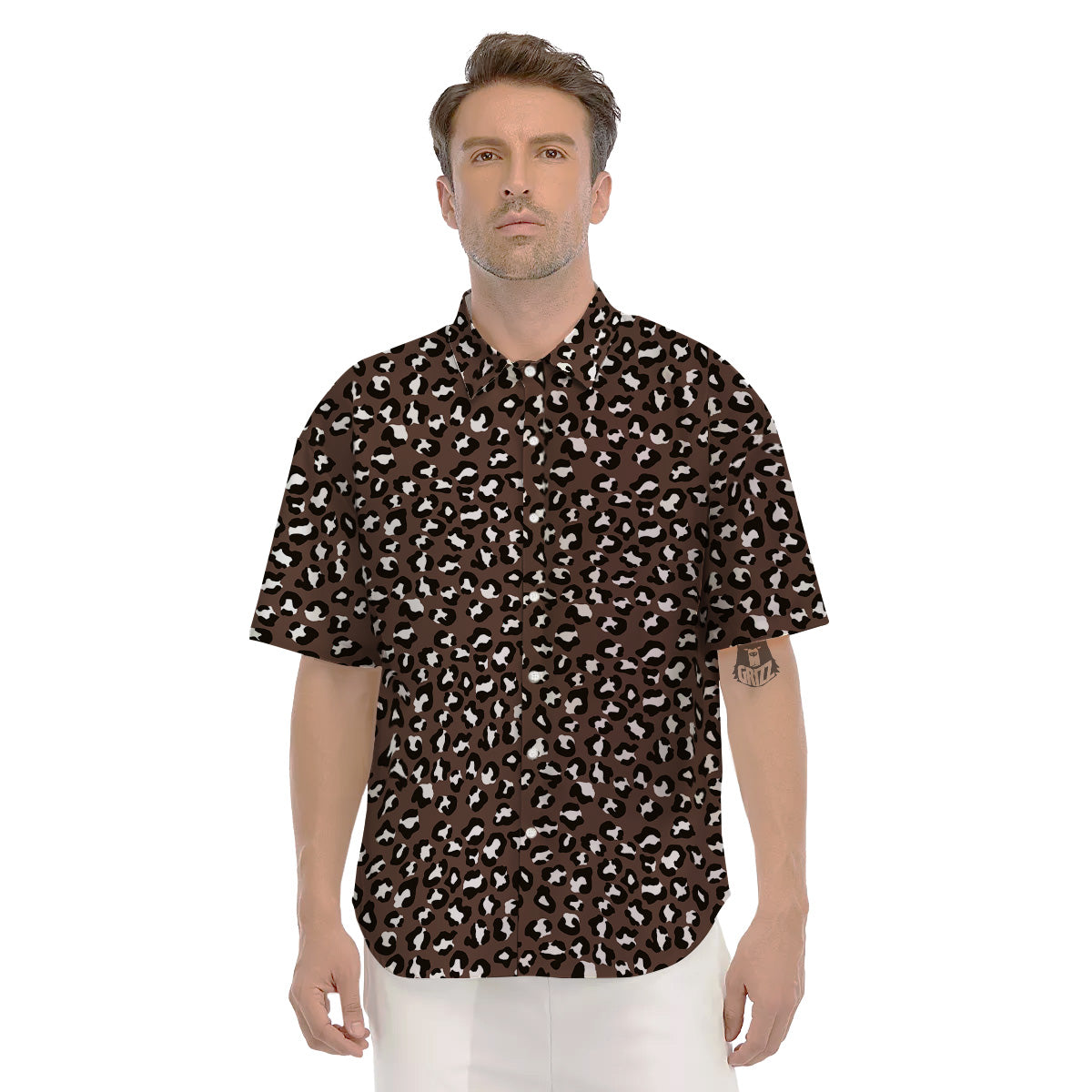 Brown Leopard Print Pattern Men's Short Sleeve Shirts-grizzshop